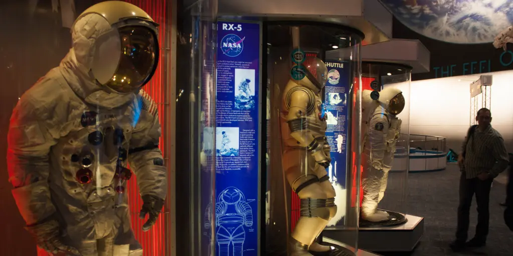 Spacesuits on display at the Space Center Houston, Texas