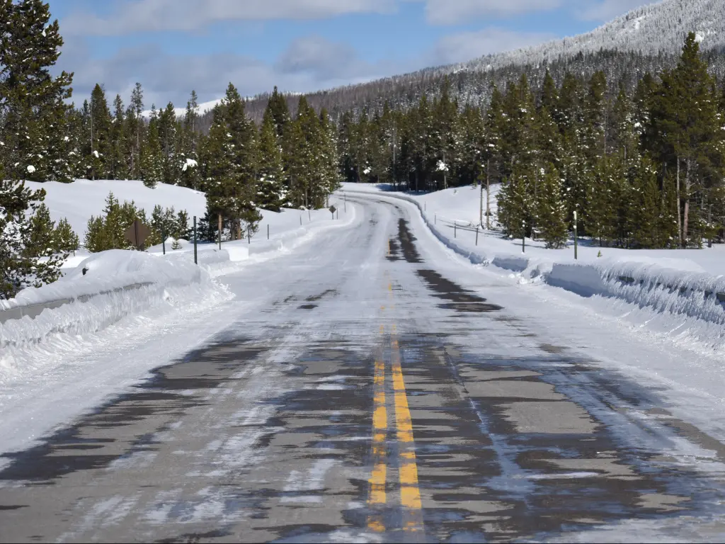An icy road in the winter in Yellowstone National Park in Wyoming.