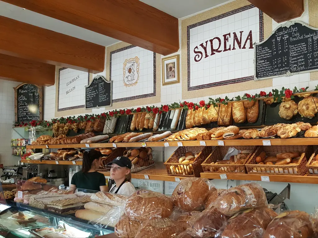 Popular Polish Bakery Syrena in Greenpoint, Brooklyn, with bakery goods along the counter