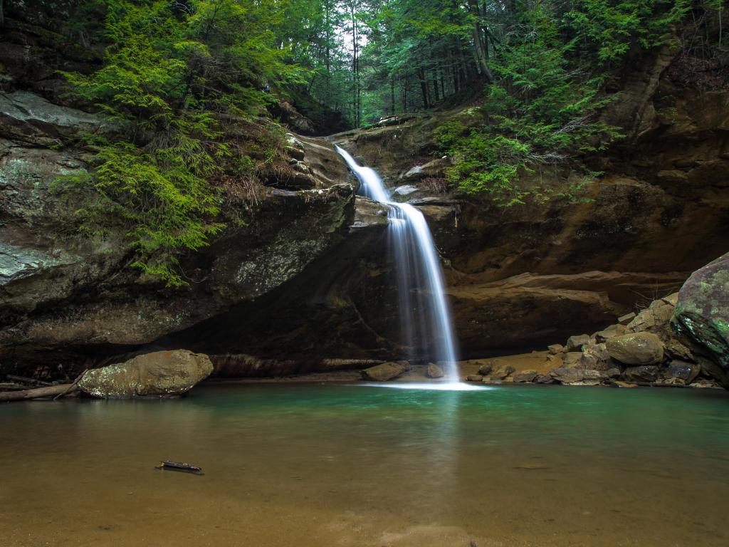 Waterfall In Paradise. Cascade along a hiking trail in Hocking Hills State Park. Logan, Ohio.