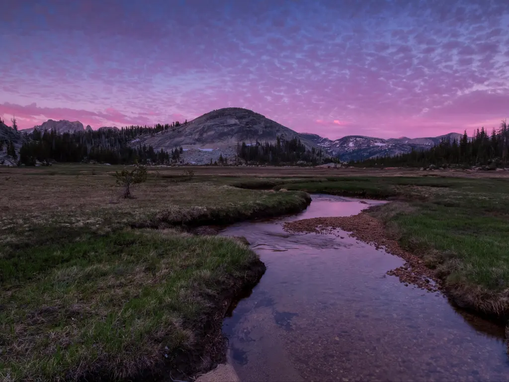 Sunset in the High Sierras. John Muir Trail, with pink and blue skies, mountain views reflected in the forefront lake