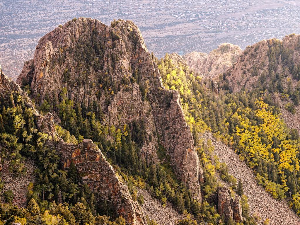 Looking down on rugged grey mountains with trees in places, with flat desert landscape visible in the background