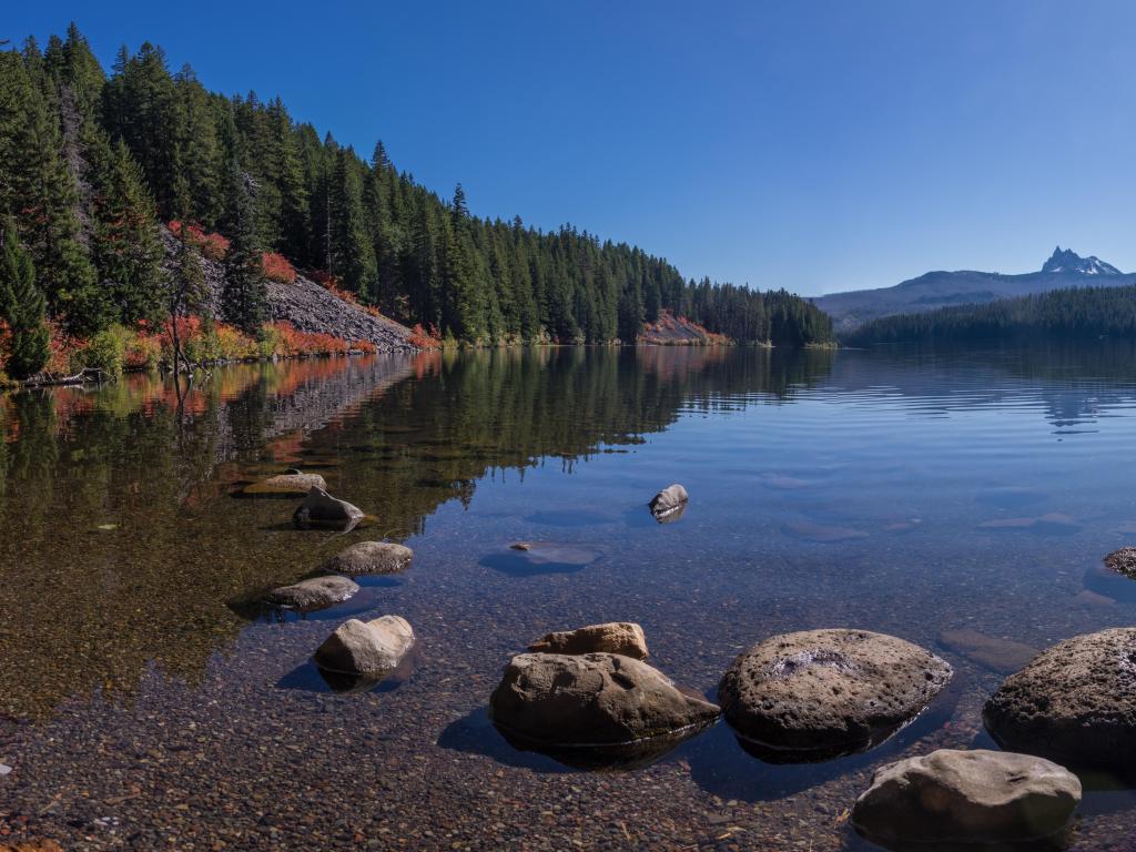 Lake Marion, South Carolina, USA with Three-Fingered Jack in the background on a calm Fall day, big rocks in the water in the foreground and trees lining the shore.