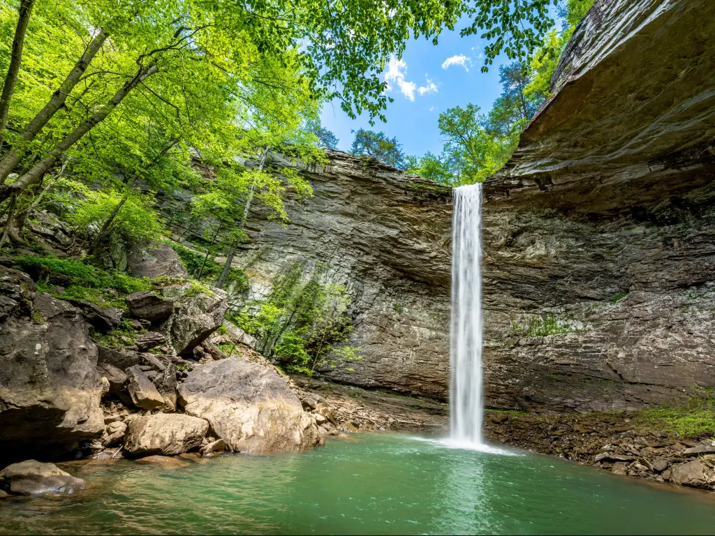 Ozone Falls, Tennessee, USA with a view of the beautiful Ozone Falls, a scenic swimming hole with a cool, cascading waterfall feeding the pool surrounded by trees.