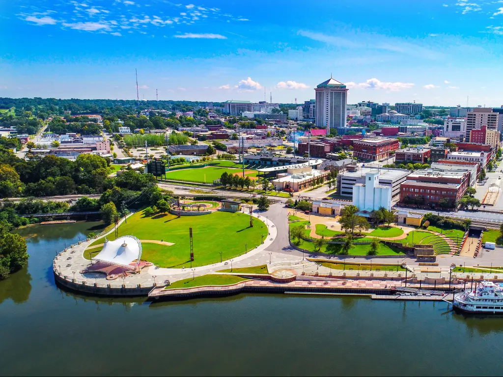 Montgomery, Alabama, USA with a drone skyline aerial view of the city on a sunny day.