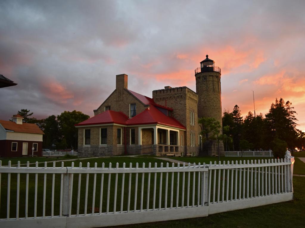 Old Mackinac Point Lighthouse, Mackinaw City, USA taken at sunset.