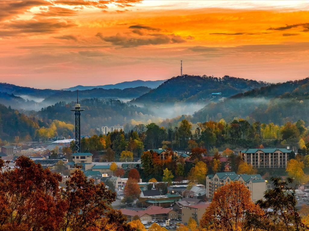 City view at sunset with mountains in the distance