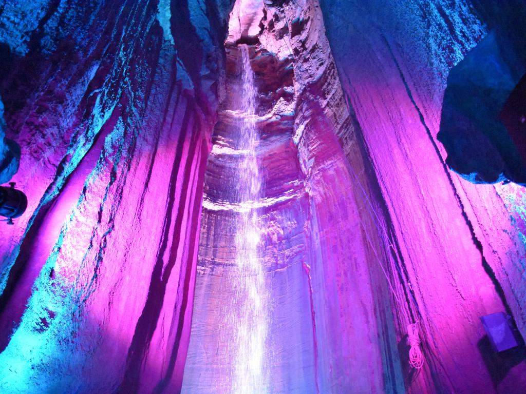 Colourful underground falls in the dark caverns of Chattanooga