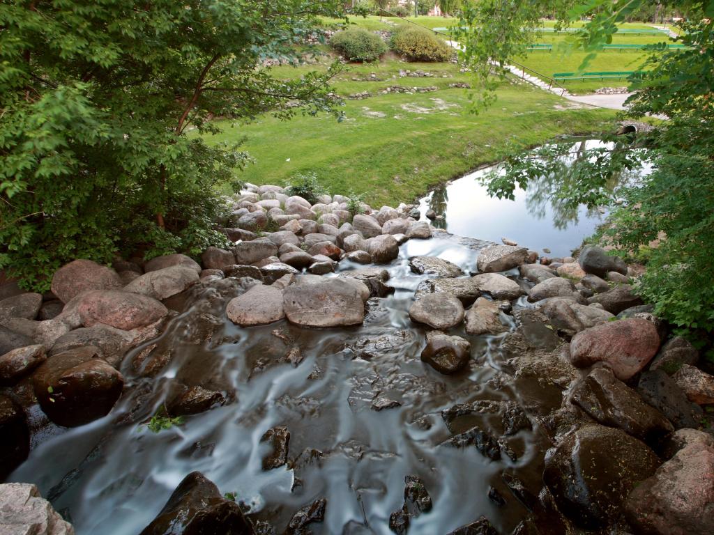 Moose Jaw, Saskatchewan, Canada with a waterfall in Crescent Park.