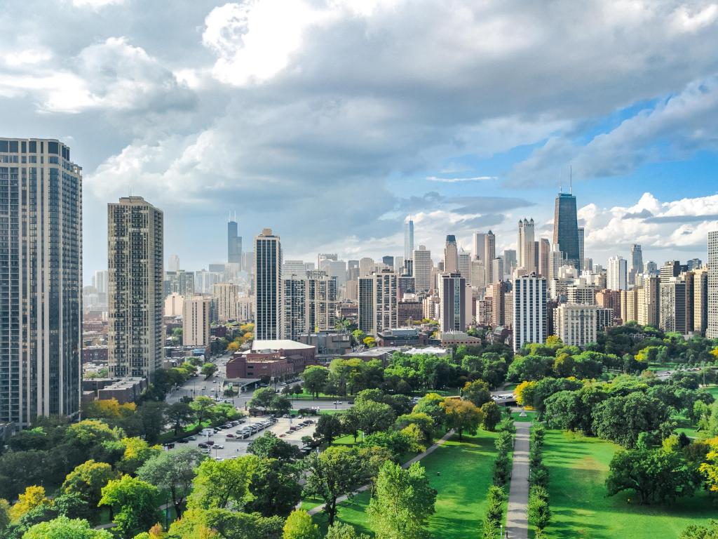 Chicago skyline aerial drone view from above, lake Michigan and city of Chicago downtown skyscrapers cityscape bird's view from park, Illinois, USA