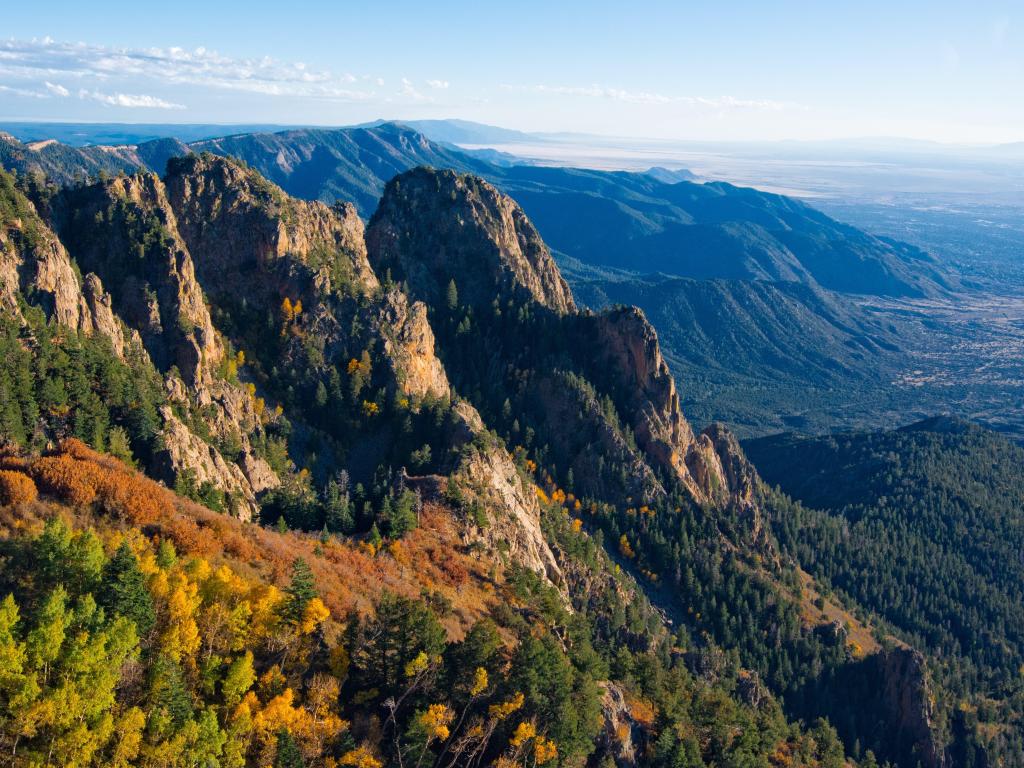 A panoramic view of the Rio Grande Valley and the Land of Enchantment in the Cibola National Forest in the Sandia Foothills near Albuquerque, New Mexico