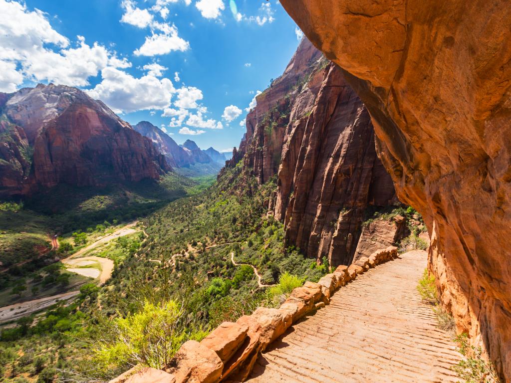The stunning Angel's Landing Trail carved into the mountain in Zion National Park, Utah.