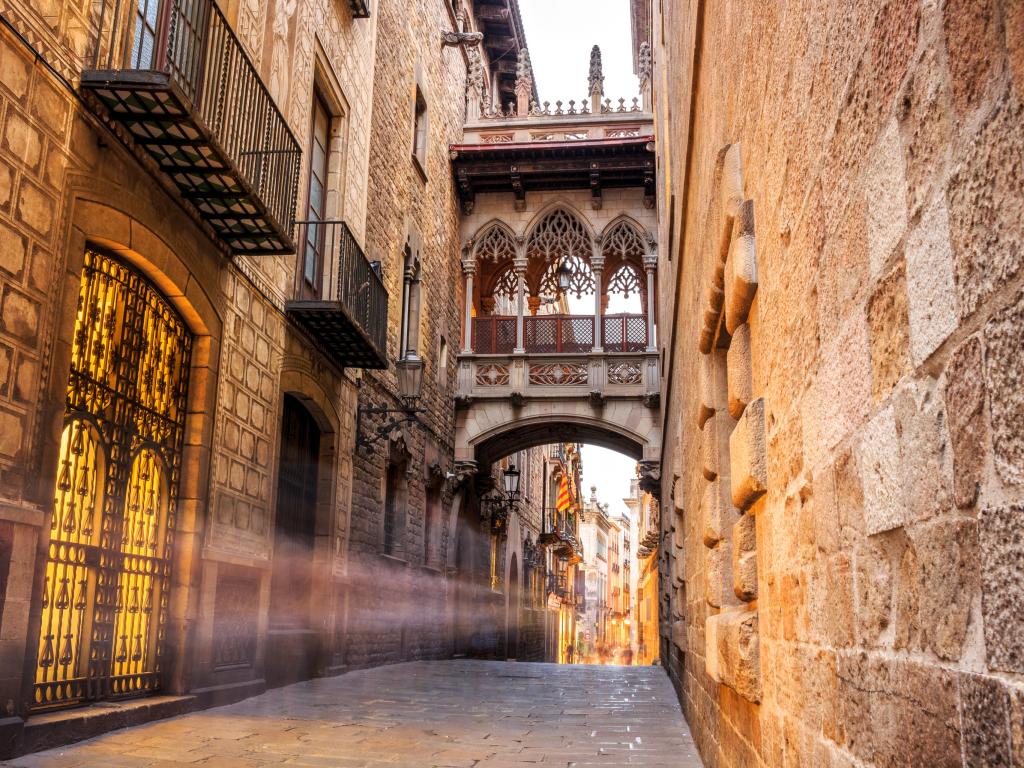 Bridge between buildings in Barri Gotic - Gothic quarter of Barcelona, Spain