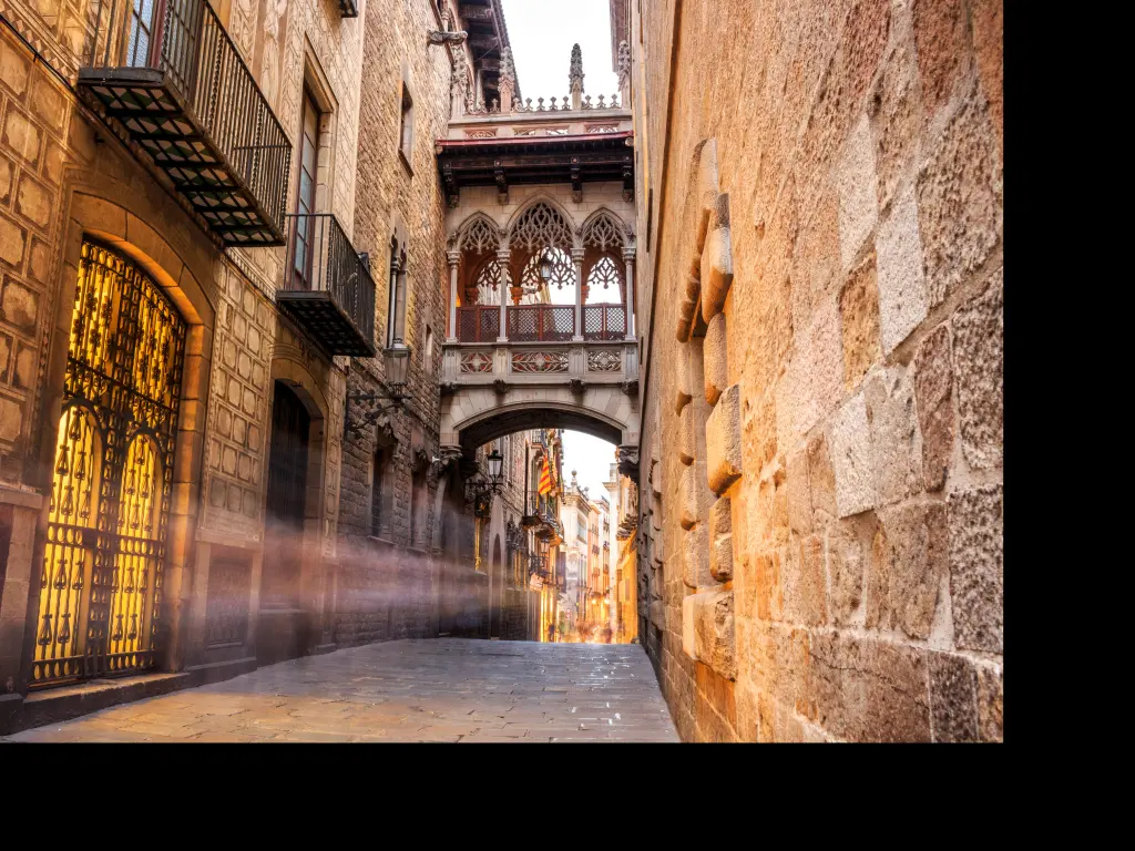 Bridge between buildings in Barri Gotic - Gothic quarter of Barcelona, Spain