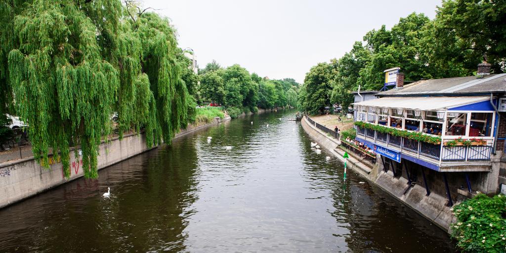 Boats on a canal in the Kreuzberg neighbourhood of Berlin