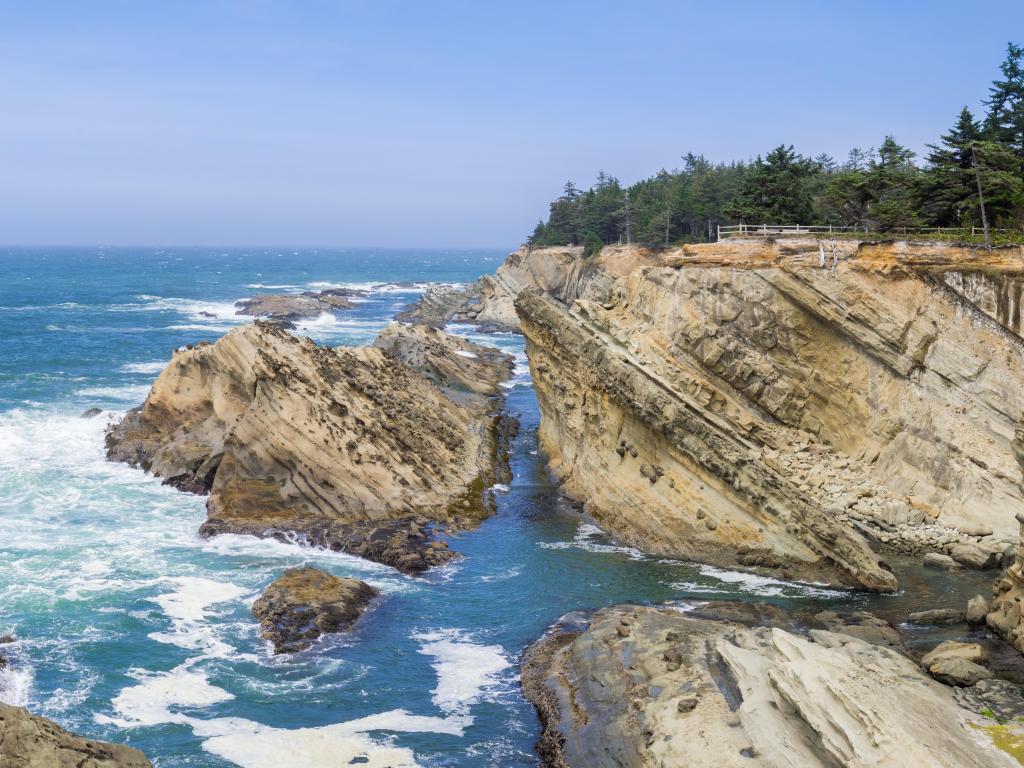 Shores Acres State Park, Coos Bay, Oregon, USA with a panorama of the dramatic shoreline with strange rock formations taken on a clear sunny day.