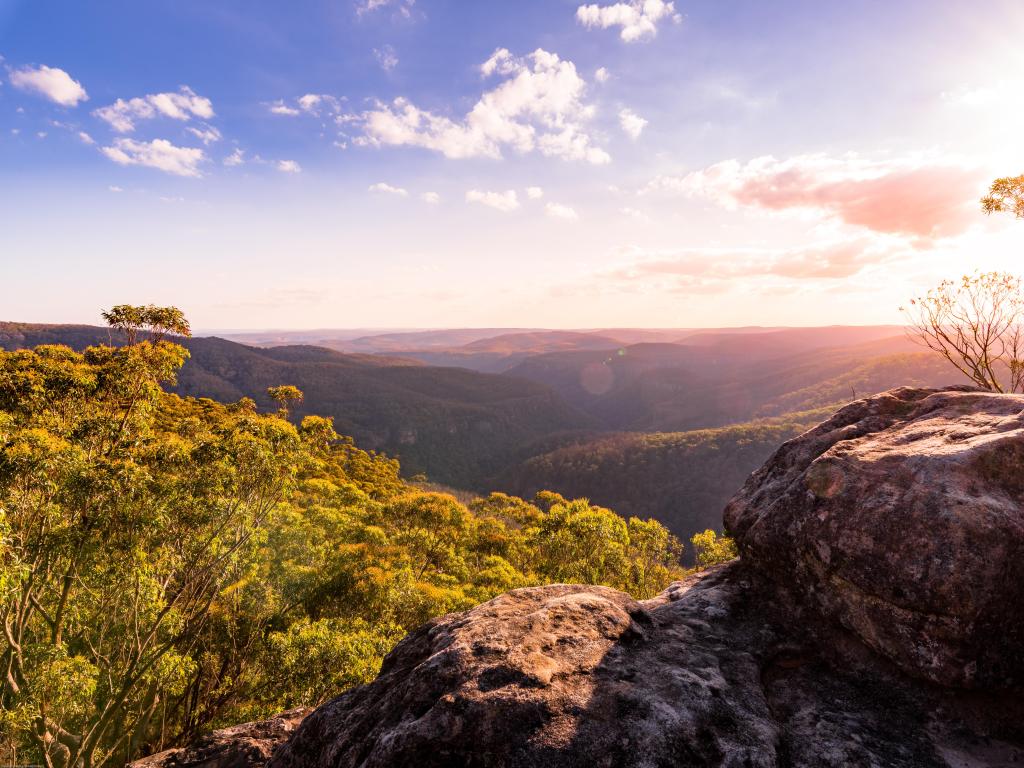 Sunset view across forested hillsides at Morton national park, Southern Highlands of NSW, Australia