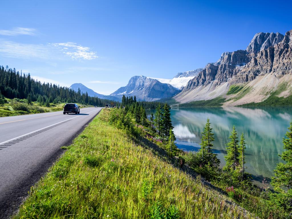 Incredible scenic drive along Bow Lake near Icefields Parkway, Banff