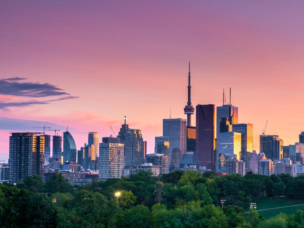 Toronto, Ontario, Canada with a city view taken from Riverdale park at night with a beautiful pink sky.