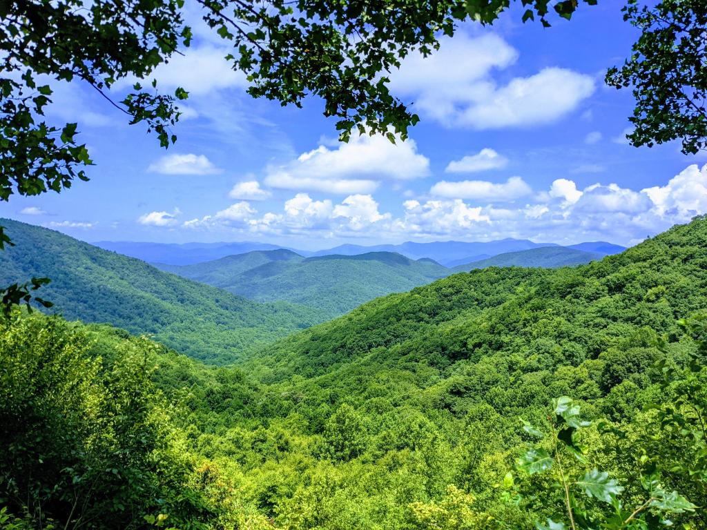 Chattahoochee National Forest, USA with a view of the skyline and mountains on a sunny day.