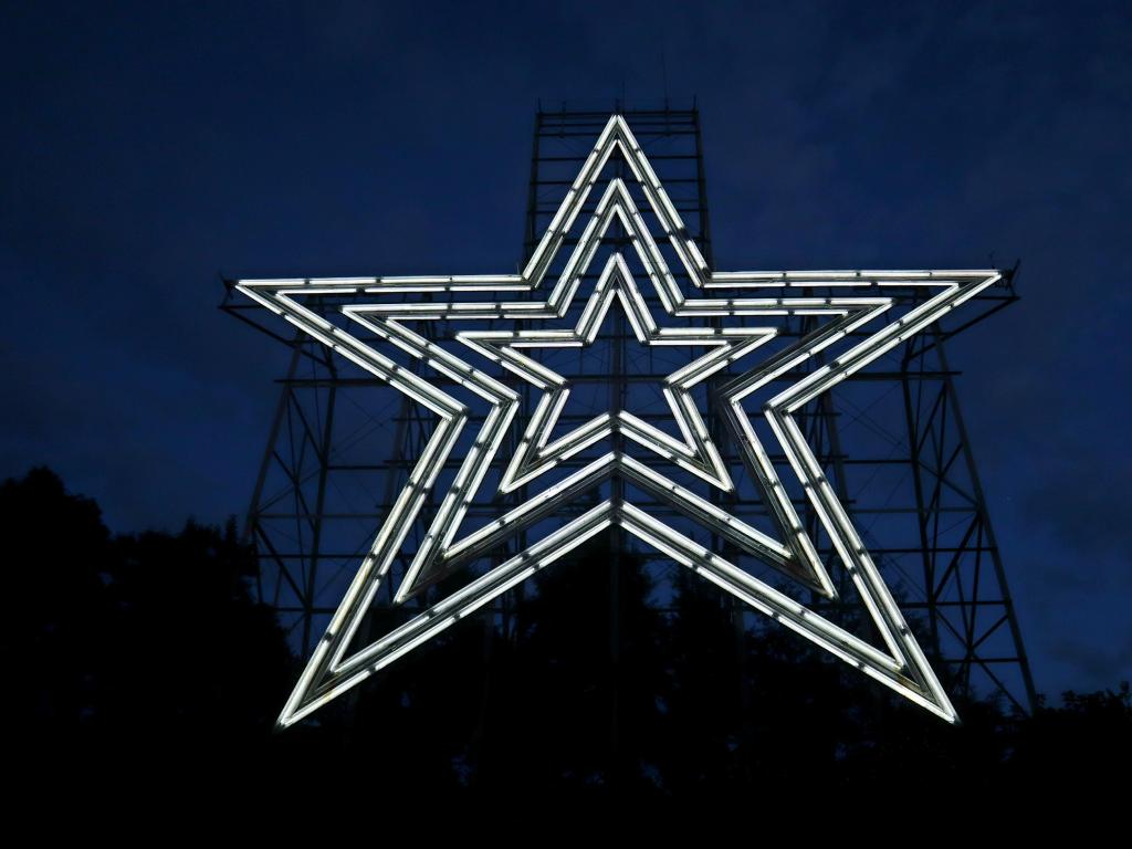 Mill Mountain Star, Roanoke, VA, USA taken at night and lit up in bright white.