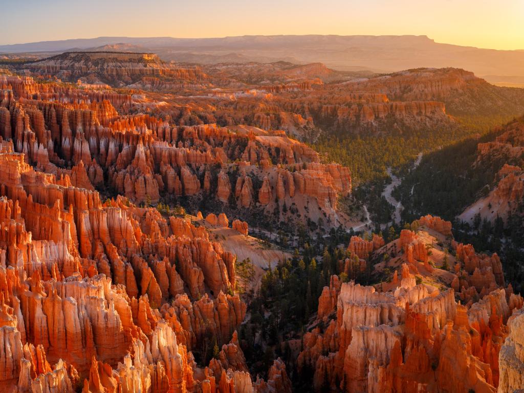 Bryce National Park, Utah, USA taken at Inspiration Point during a beautiful sunrise, with hoodoos - unique rock formations from sandstone made by geological erosion. 