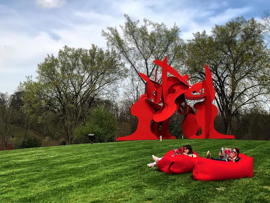 One of the bright modern sculptures dotted around the grounds of the Pyramid Hill Sculpture Park