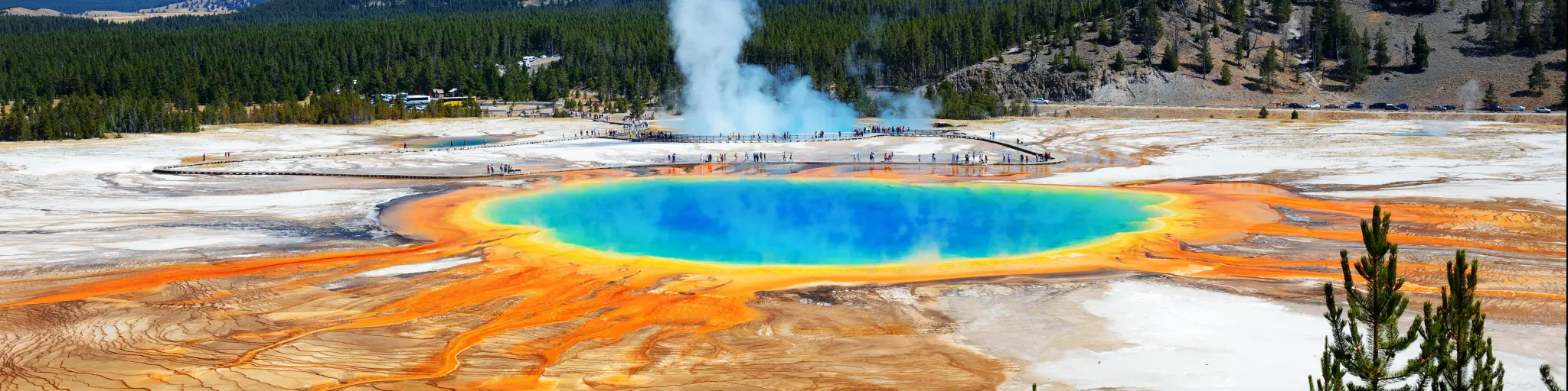 Famous trail of Grand Prismatic Springs in Yellowstone National Park from high angle view. Beautiful hot springs with vivid color blue green orange in Wyoming.