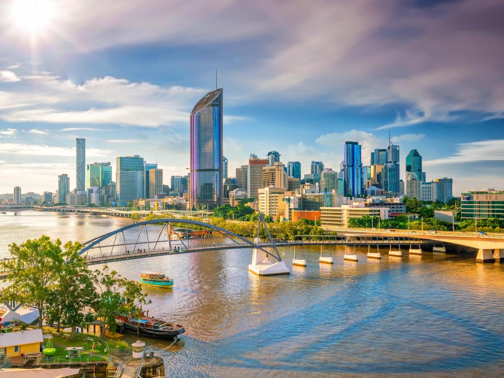 Brisbane city skyline and Brisbane river at sunset in Australia