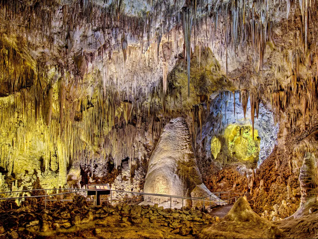 Carlsbad Caverns National Park, New Mexico, USA with an underground view of the Crystal Spring Dome lit up by lamps and a pathway.