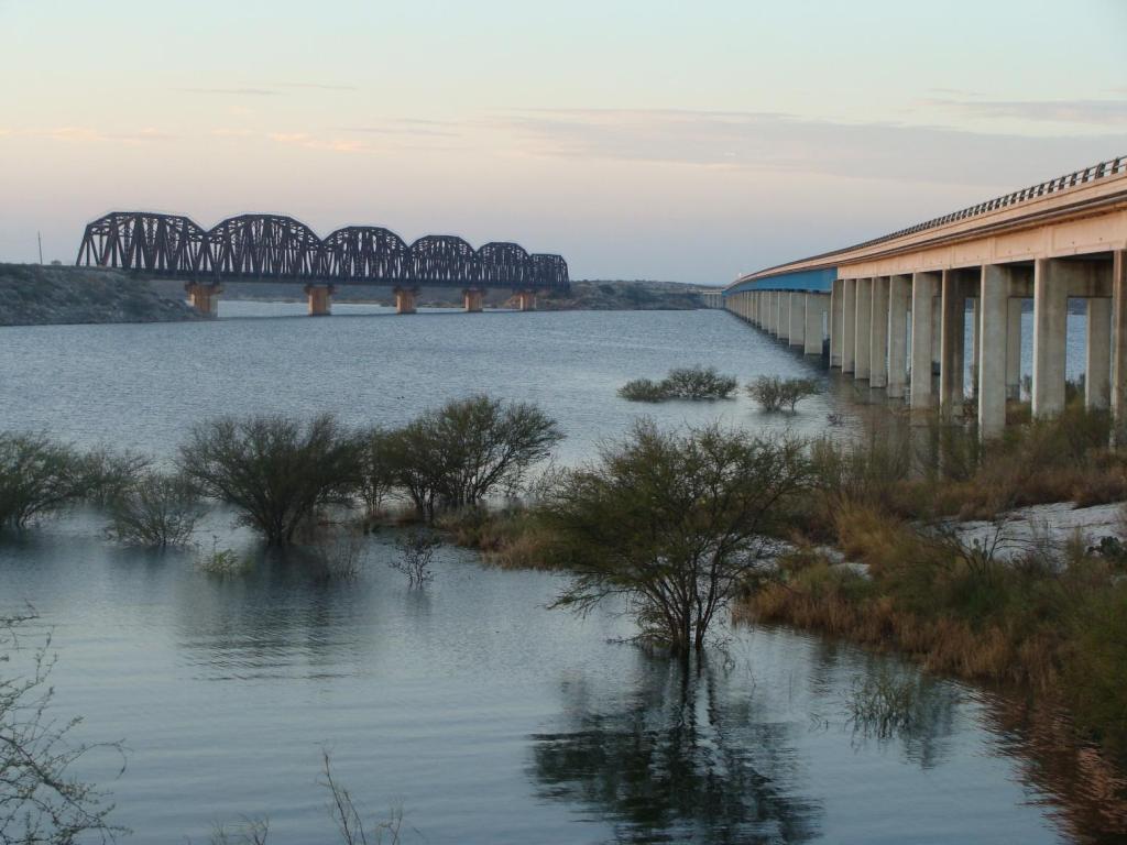 A wide view of Amistad Reservoir with two bridges shown in the image. There are some trees and shrubs in the reservoir in the foreground.