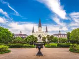 New Orleans, Louisiana, USA at Jackson Square and St. Louis Cathedral in the morning on a sunny day.