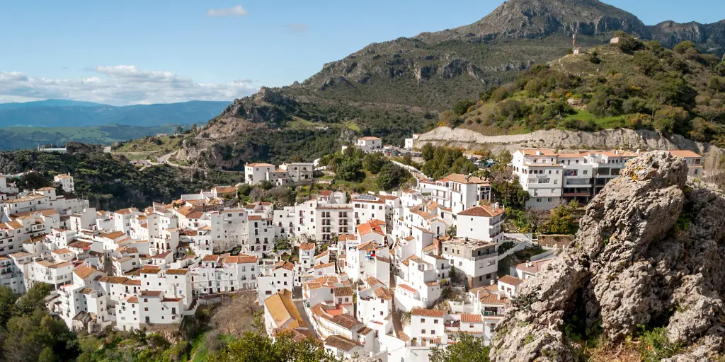 The white village of Casares in southern Spain is built into the hills 