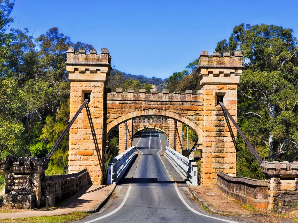 Hampden Bridge along Moss Vale Road is a historic wooden suspension bridge across Kangaroo River in Kangaroo Valley.