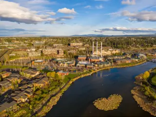 Aerial view of the Old Mill District in Bend, Oregon.