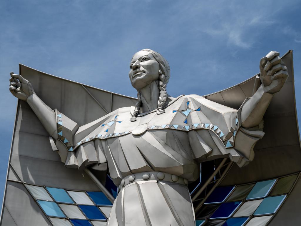 Dignity Statue, Chamberlain, South Dakota in a Chamberlain rest area, a tribute to the Native American heritage taken on a sunny day.