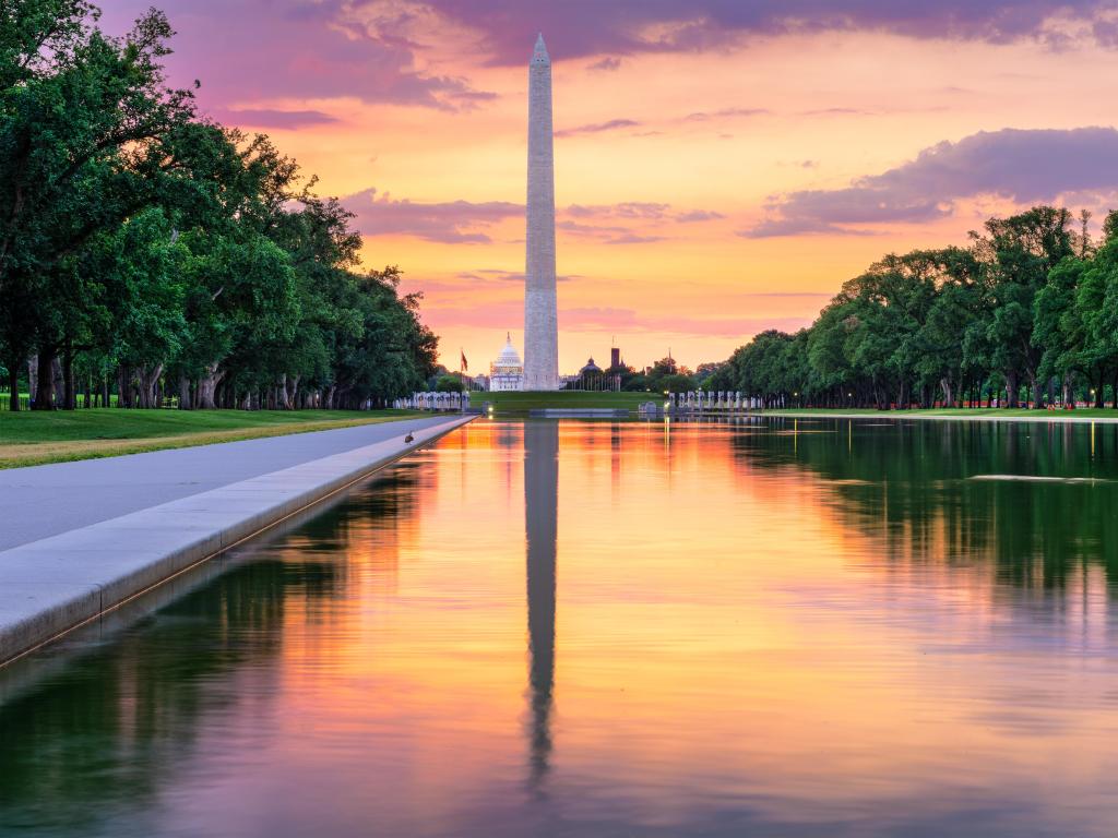 The Washington Monument and Capitol Building at dusk as seen from the Reflecting Pool.