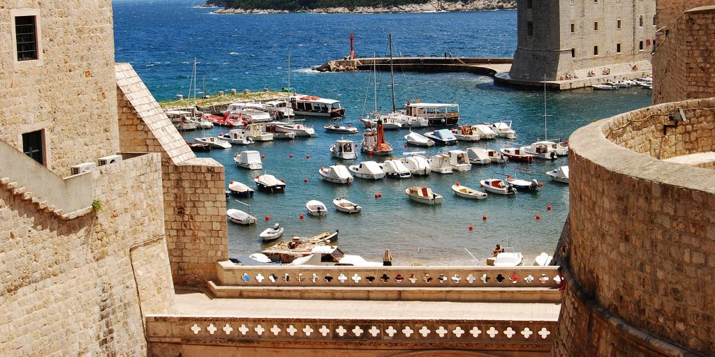 A view of boats on the sea from the Dubrovnik city walls, Croatia 