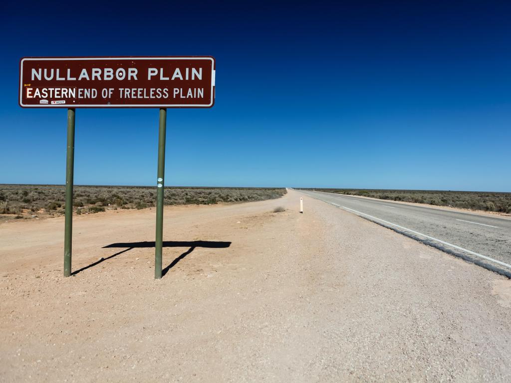 Sign reading Nullarbor Plain - Eastern End of Treeless Plain