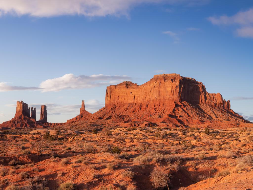 Desert Rocky Mountain American Landscape. Colorful Sunrise Sky Art Render. Oljato-Monument Valley, Utah, United States