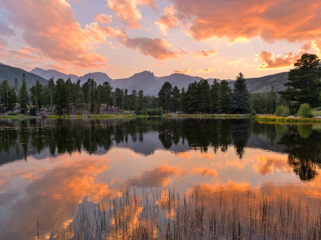 Summer Sunset at Sprague Lake - A panoramic Summer sunset view at Sprague Lake, with high peaks of Continental Divide rising at shore, Rocky Mountain National Park, Colorado, USA.