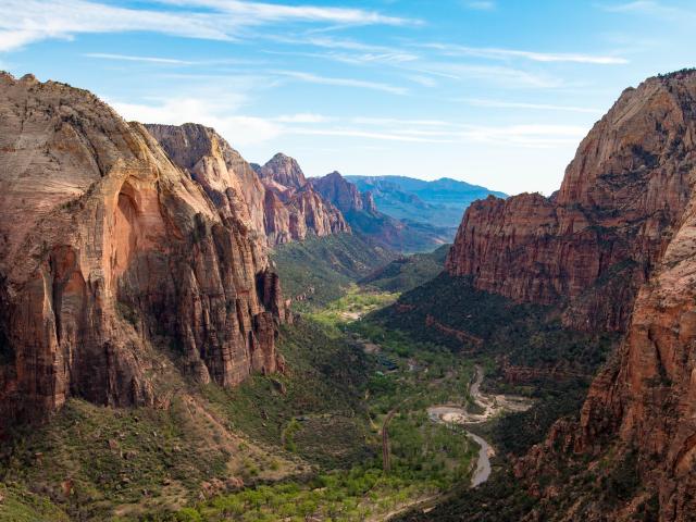 Wide view of the Zion National Park and its canyon on a sunny day