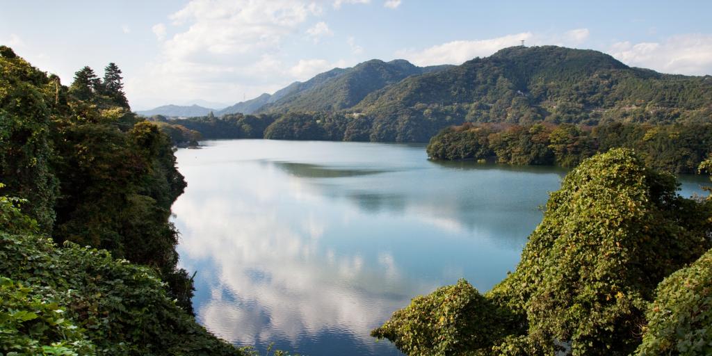 Green mountains and blue water of Lake Sagami, Japan 