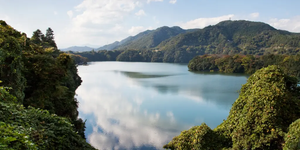 Green mountains and blue water of Lake Sagami, Japan 
