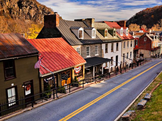 The historic houses and shops along High Street in Harpers Ferry, West Virginia