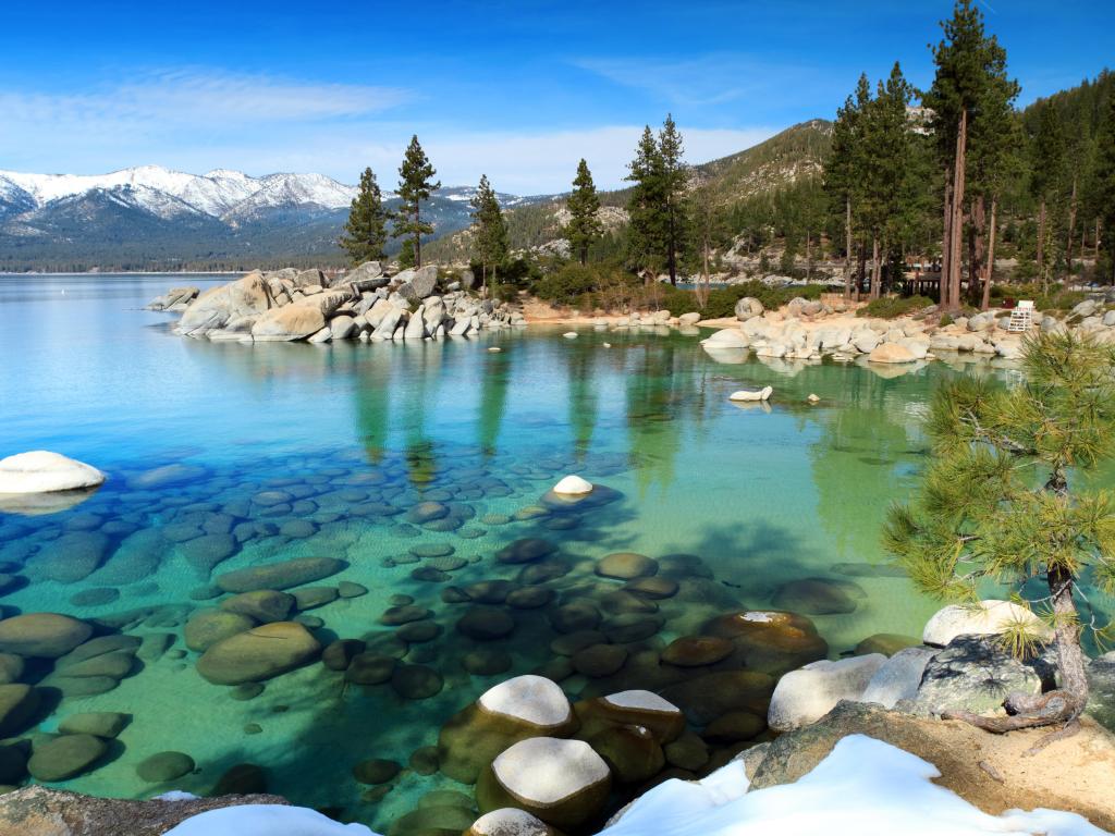 Lake Tahoe showing clear waters surrounded by pebbles