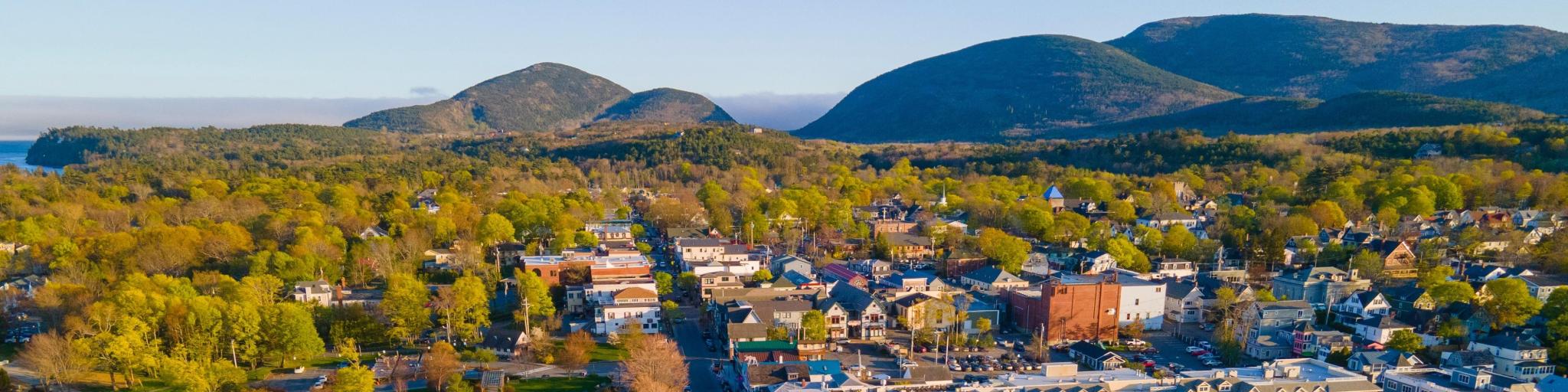 Bar Harbor historic town center aerial view at sunset