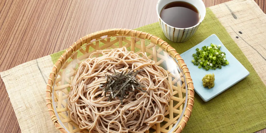 A traditional meal of soba noodles and soy sauce in Japan 
