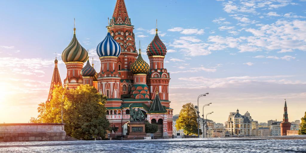  St Basil's Cathedral and the cobbles of the Red Square in Moscow at sunrise