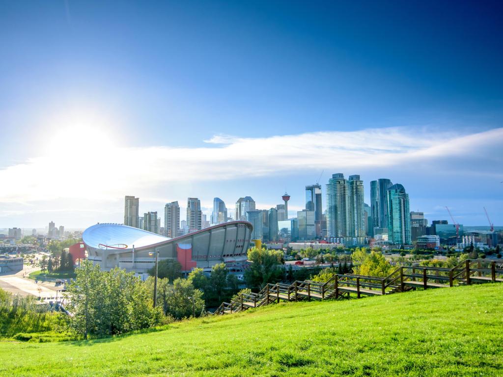 Beautiful Calgary city skyline from Scotsman’s Hill on a sunny day